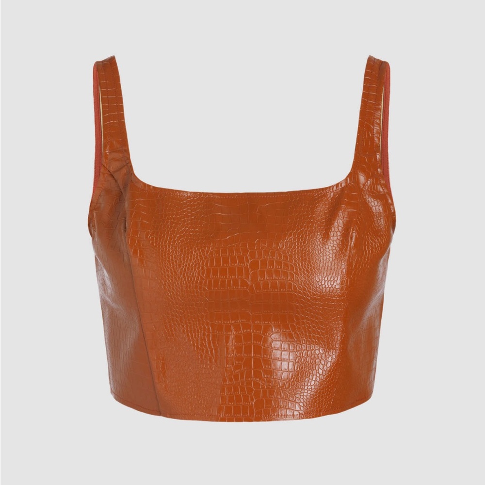 Cider Brown Faux Leather Crop Tank with Zipper